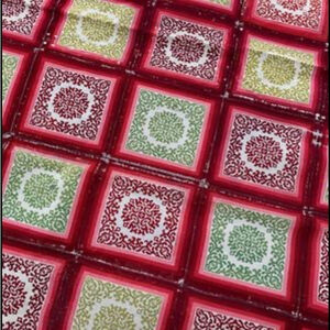 Vintage French‎ Embroidered Textile Red Green Cream Fabric Handmade Holiday